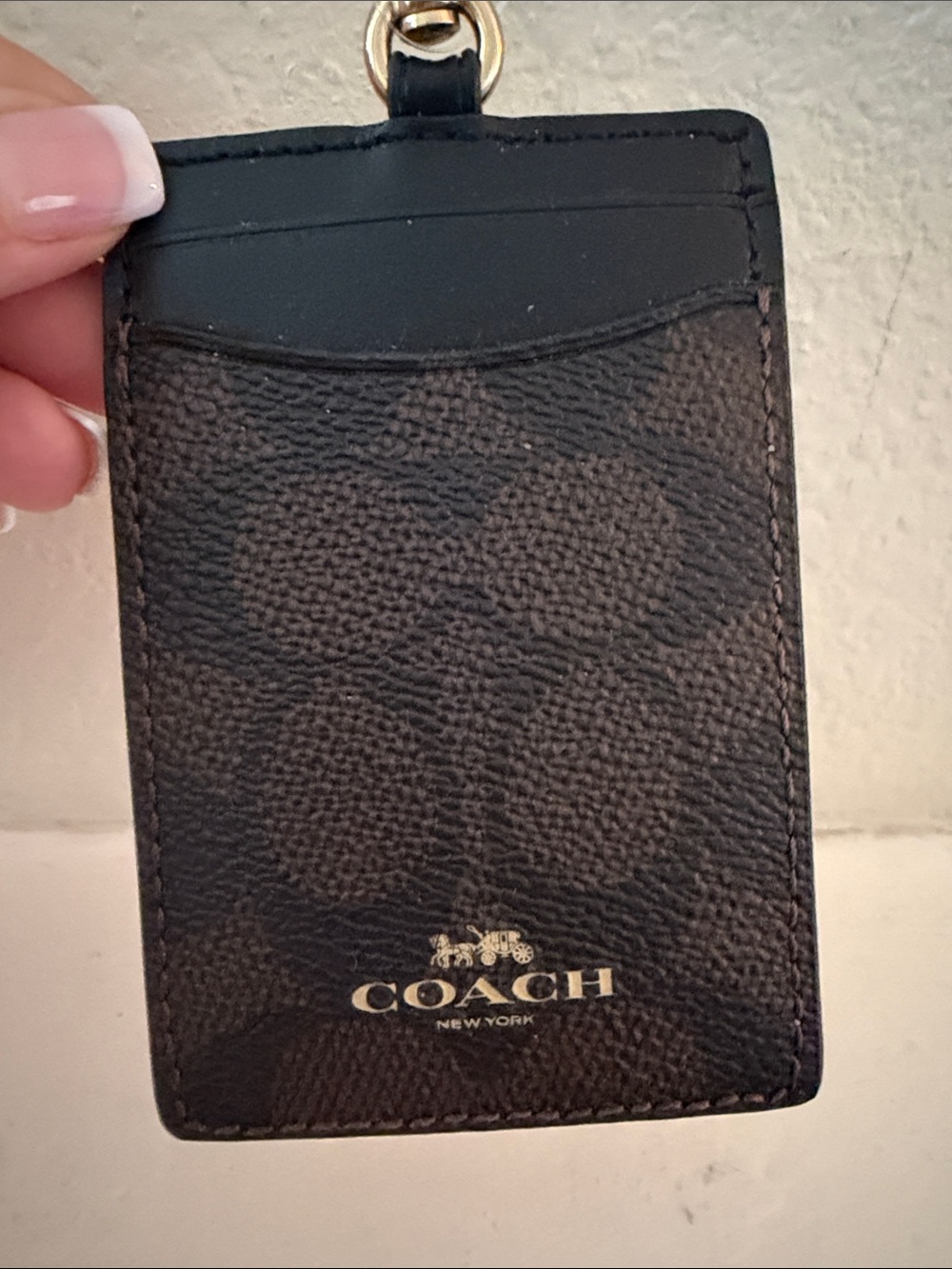 Unisex Coach Brown and Black Signature Card Holder with Lanyard Ring